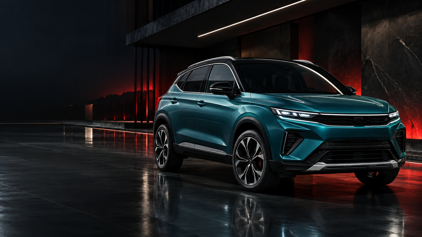 Visual konsep SUV teal dalam showroom premium