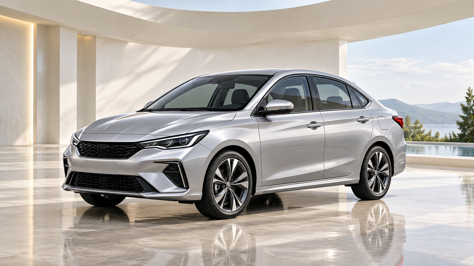 Visual konsep sedan premium dalam showroom